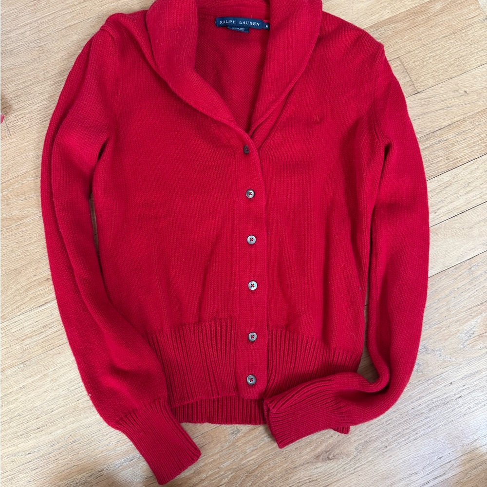 Ralph Lauren Red Cardigan Sweater V-Neck Knit